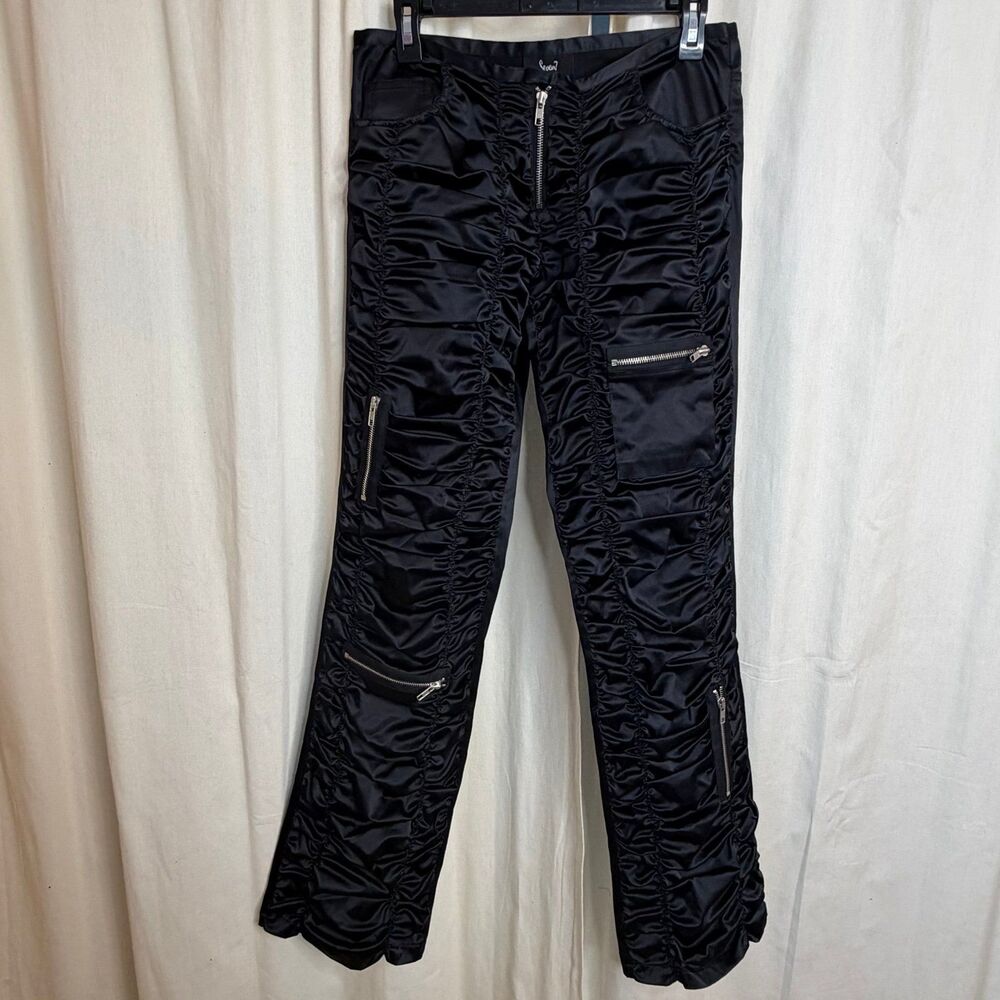Seven7 Express Vintage Y2K LOW RISE black satin ruched cargo pants size 28